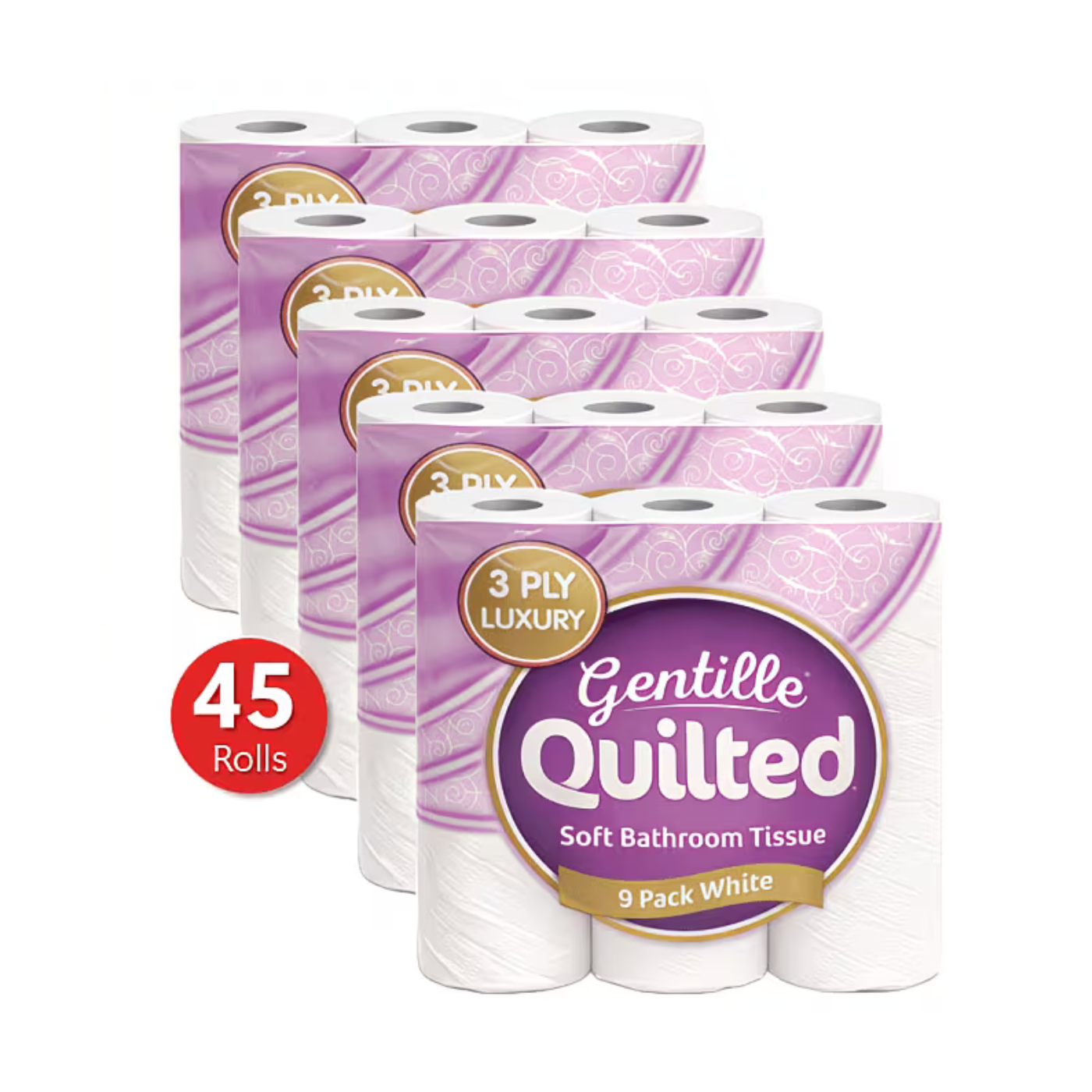 Toilet Tissue 45 rolls. Gentille Quilted Bathroom Tissue Luxury 3-Ply Toilet Paper Soft, Strong, & Responsibly