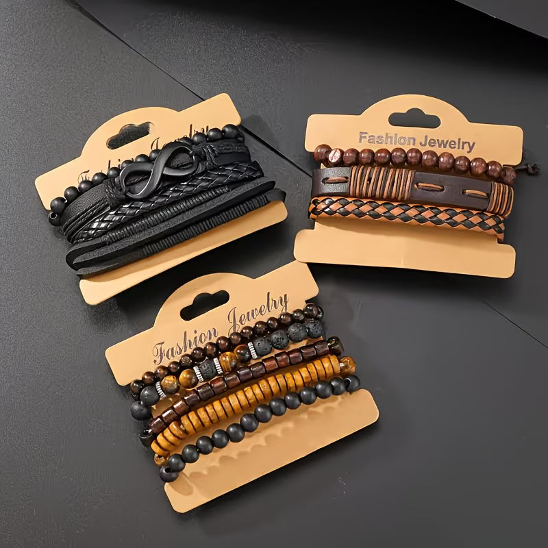 12PCS Men’s Bohemian Bracelet Set – Vintage Faux Leather & Tiger Eye Beaded Stackable Bracelets, Trendy Boho Jewelry-7
