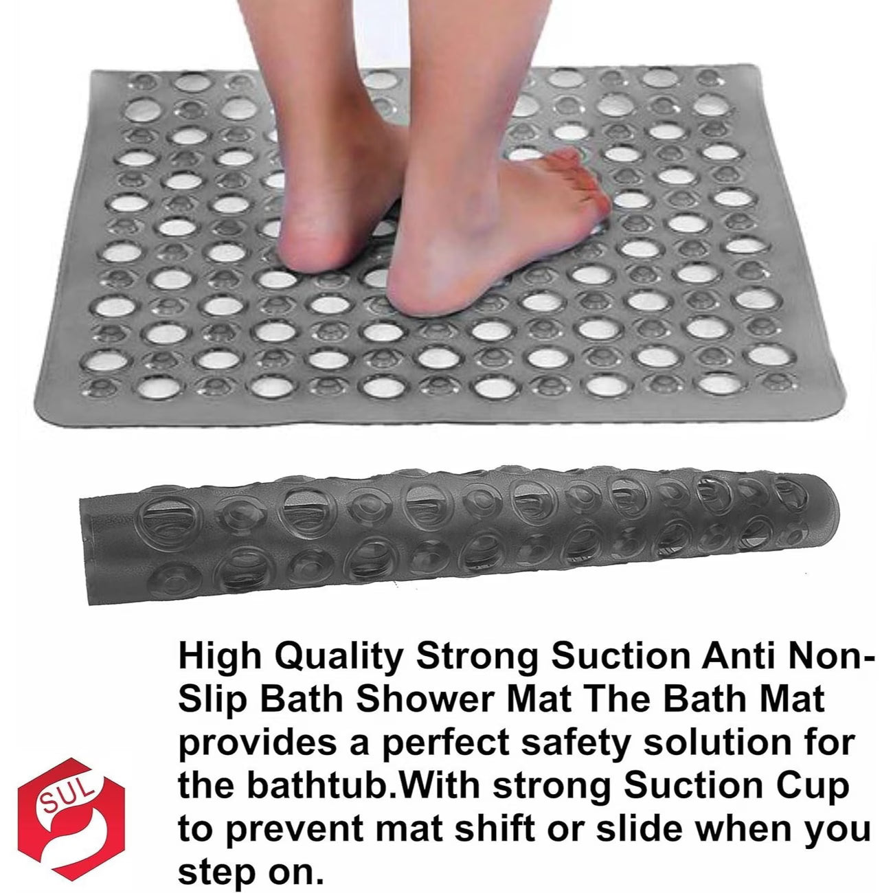 Square Anti-Slip Shower Mat with Suction Cups – Non-Slip Bath Mat for Walk-In Shower Tray with Drain Holes-5