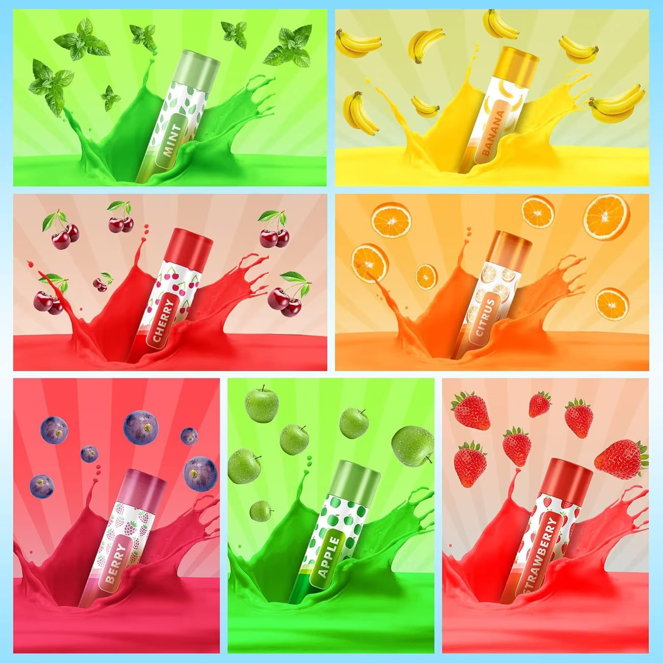 7 Pack Fruity Lip Balm Set with Beeswax & Vitamin E Moisturising Lip Care Sticks-7
