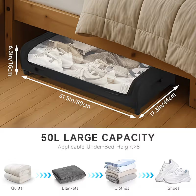 2-Pack Underbed Storage Boxes with Wheels & Lid – 48L Foldable Metal Frame Bed Storage Organiser for Clothes, Shoes & Bedding-3
