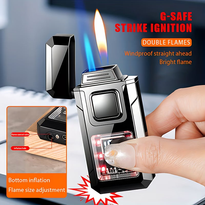 Smart Dual Flame Butane Lighter – Voice & Gravity Ignition, Windproof Torch Lighter with Battery Indicator & LED Lights (No Gas Included)-3