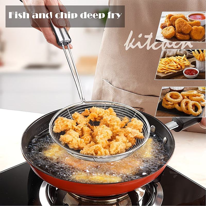 3pcs Stainless Steel Spider Strainer Set (15cm/17cm/19cm) Long Handle Skimmers for Frying & Pasta-5