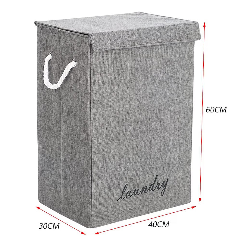 Large Fabric Laundry Basket with Lid – Grey Linen Storage Hamper with Handles-2