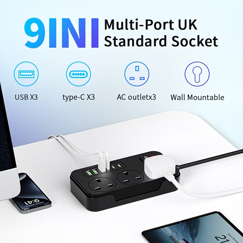 3-Outlet UK Power Strip with 3 USB-A & 3 USB-C Ports – 1.8m Extension Cord, 220-240V-5