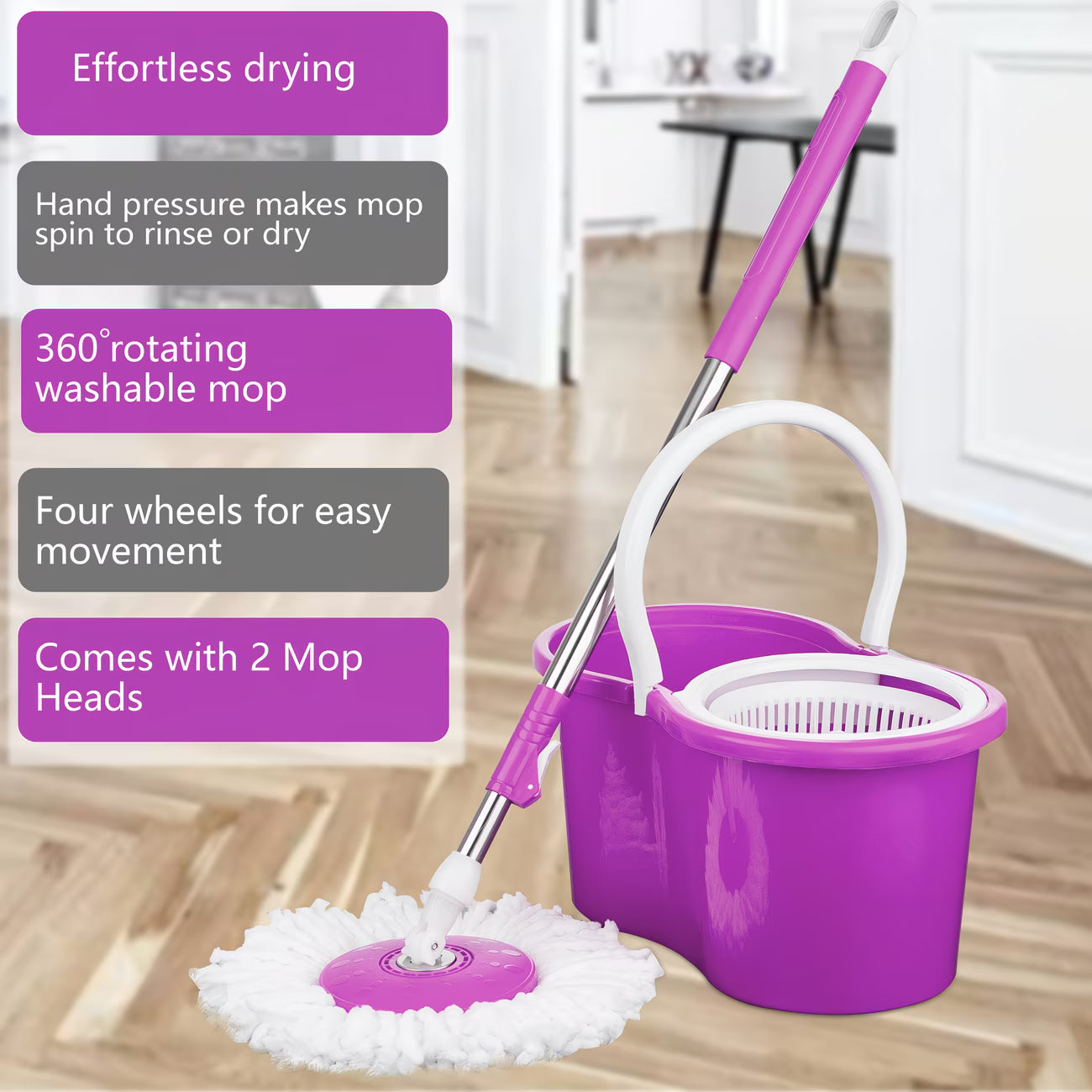 360° Spin Mop & Bucket Set with Wringer – Easy Wring Floor Cleaning System, Reusable Microfiber Mop Heads for Home, Bathroom & Kitchen-14