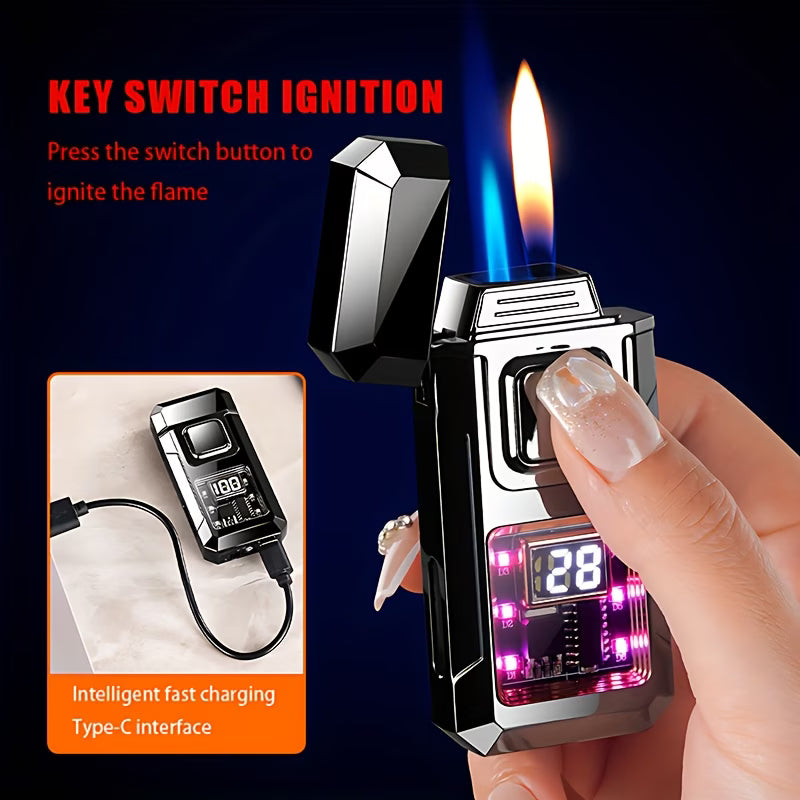 Smart Dual Flame Butane Lighter – Voice & Gravity Ignition, Windproof Torch Lighter with Battery Indicator & LED Lights (No Gas Included)