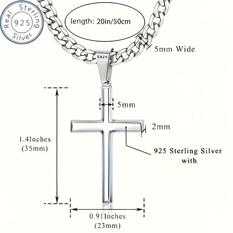 925 Sterling Silver Cuban Chain Cross Necklace – Solid Bevelled Cross Pendant, Unisex Gift with Box for Valentine’s Day & Christmas-3
