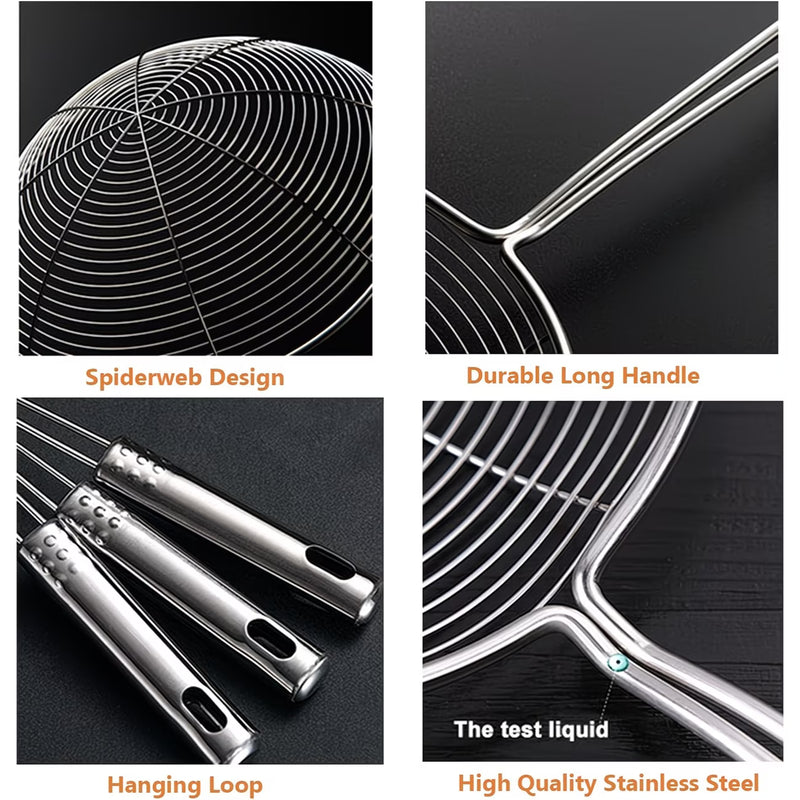 3pcs Stainless Steel Spider Strainer Set (15cm/17cm/19cm) Long Handle Skimmers for Frying & Pasta-4