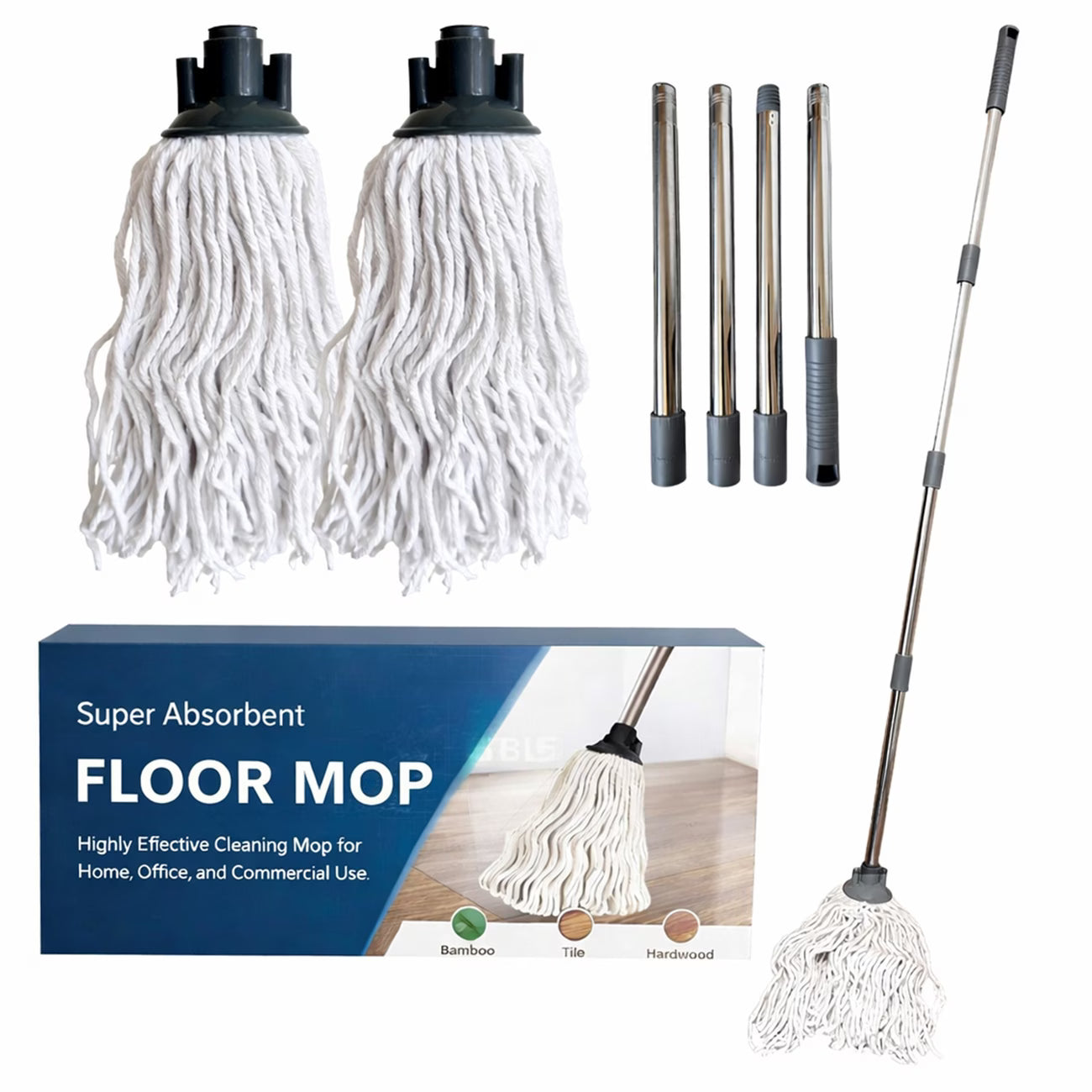 Cotton String Floor Mop with 120cm Stainless Steel Handle – Absorbent Non-Scratch Mop with 2 Replaceable Heads for Tile, Wood & Kitchen Floors