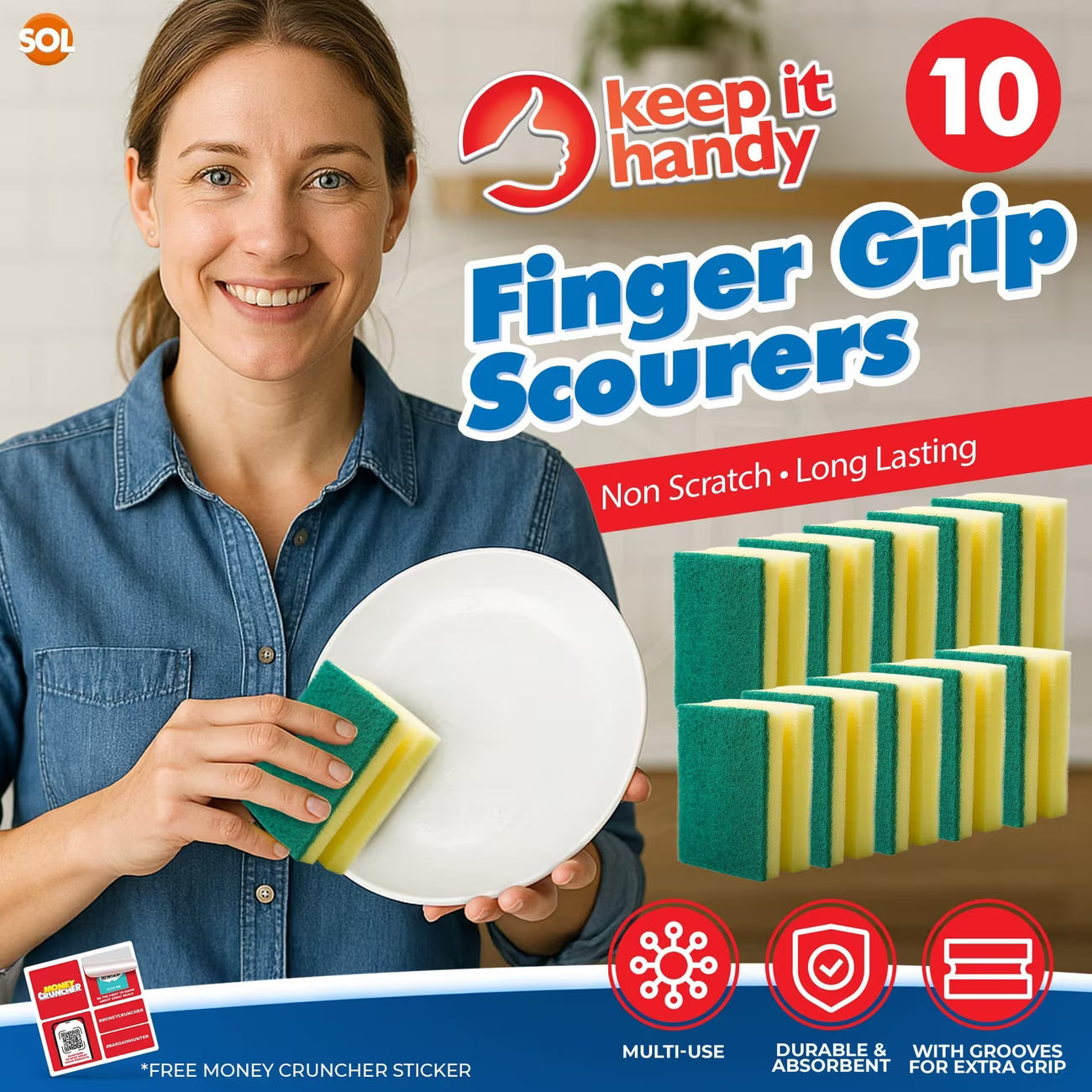 10 Pack Kitchen Scourers with Finger Grip – Non-Scratch Heavy Duty Cleaning Sponges for Dishes, Pots, Pans & Household Surfaces-9