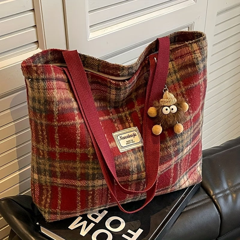 Women Tweed Tote Bag Large Capacity Shoulder Handbag for Work Travel Shopping-2