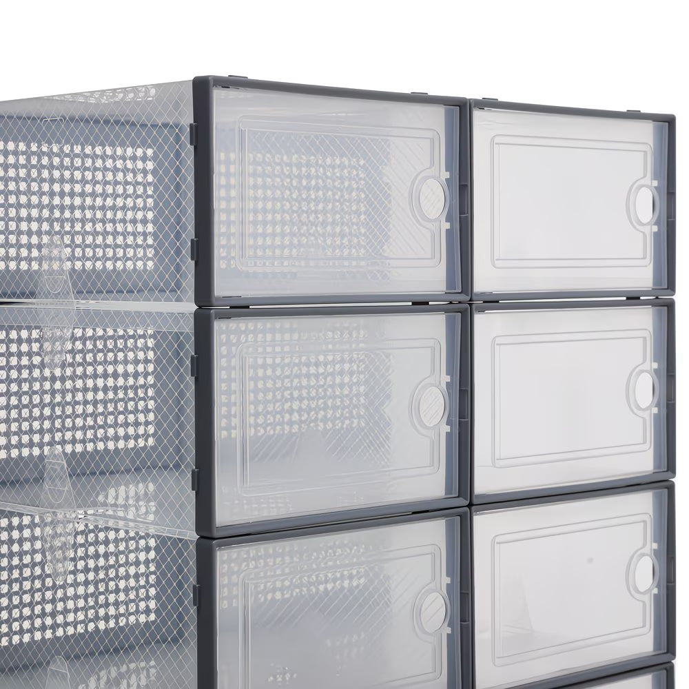 Pack of 12 Stackable Shoe Storage Boxes with Clear Front Door – Space Saving Organisers UK 9.5-12