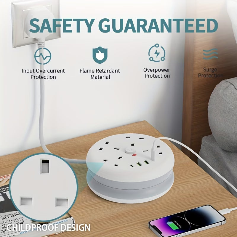 8 in 1 Power Strip Surge Protector 4 Sockets 4 USB Ports 2m Retractable Cord 13A 3250W Extension Lead-9