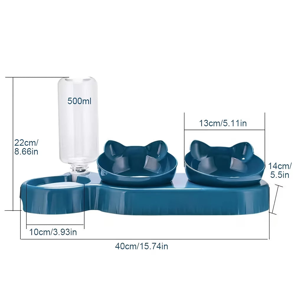 3-in-1 Raised Cat Bowl with Automatic Water Dispenser 500ml – Double Pet Food Bowls for Cats & Small Dogs-2