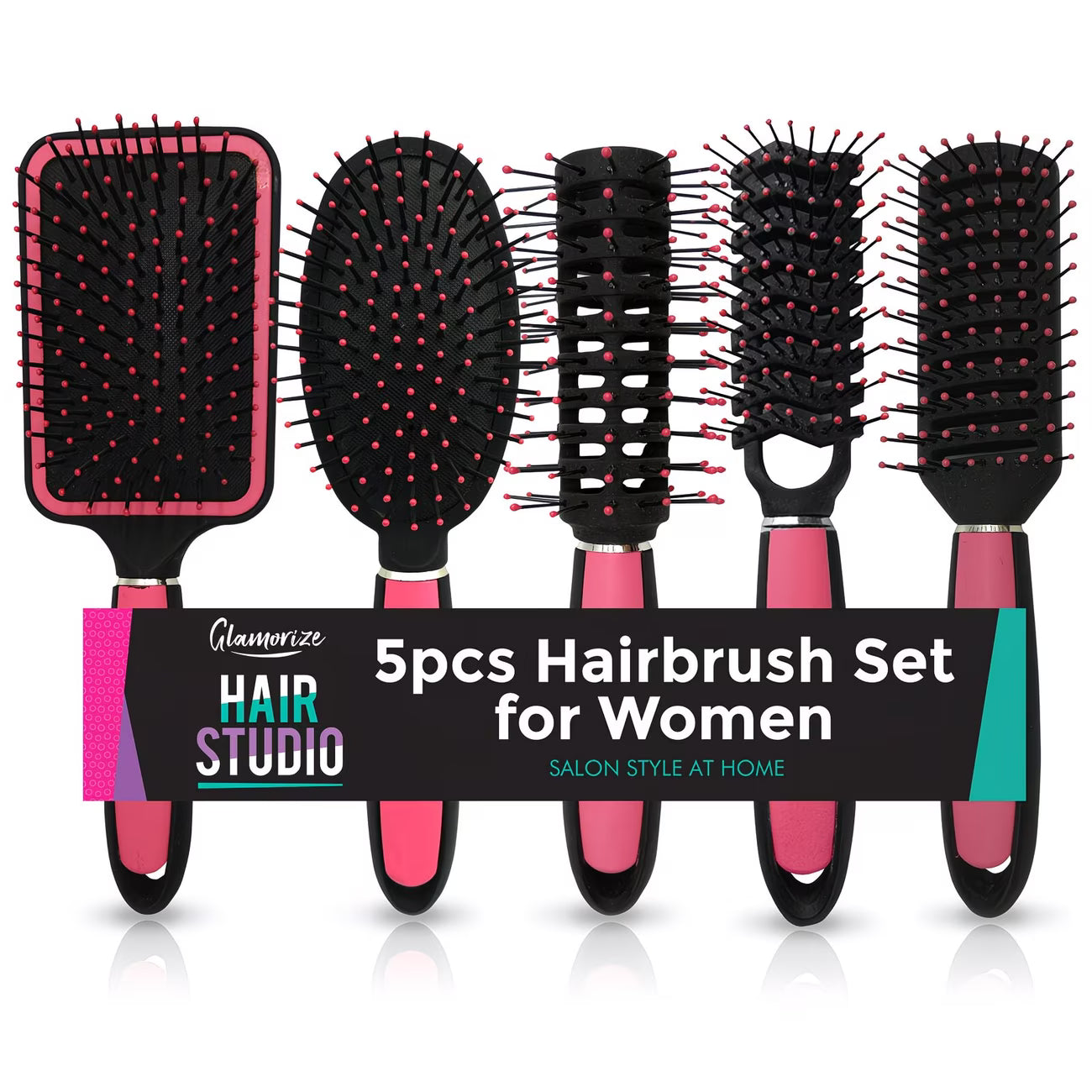5 Pack Professional Hair Brush Set for Women – Paddle, Round, Vented & Styling Brushes Kit (Pink)