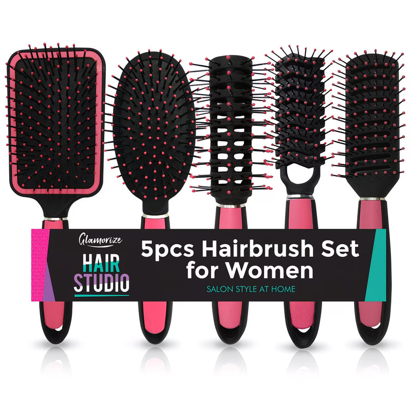 5 Pack Professional Hair Brush Set for Women – Paddle, Round, Vented & Styling Brushes Kit (Pink)-1