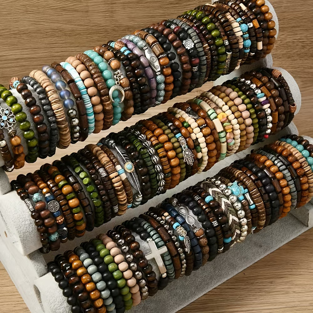 36pcs Bohemian Beaded Bracelet Set – Handmade Wooden & Zinc Alloy Bracelets for Men & Women | Adjustable Fashion Jewelry Gift Set-1