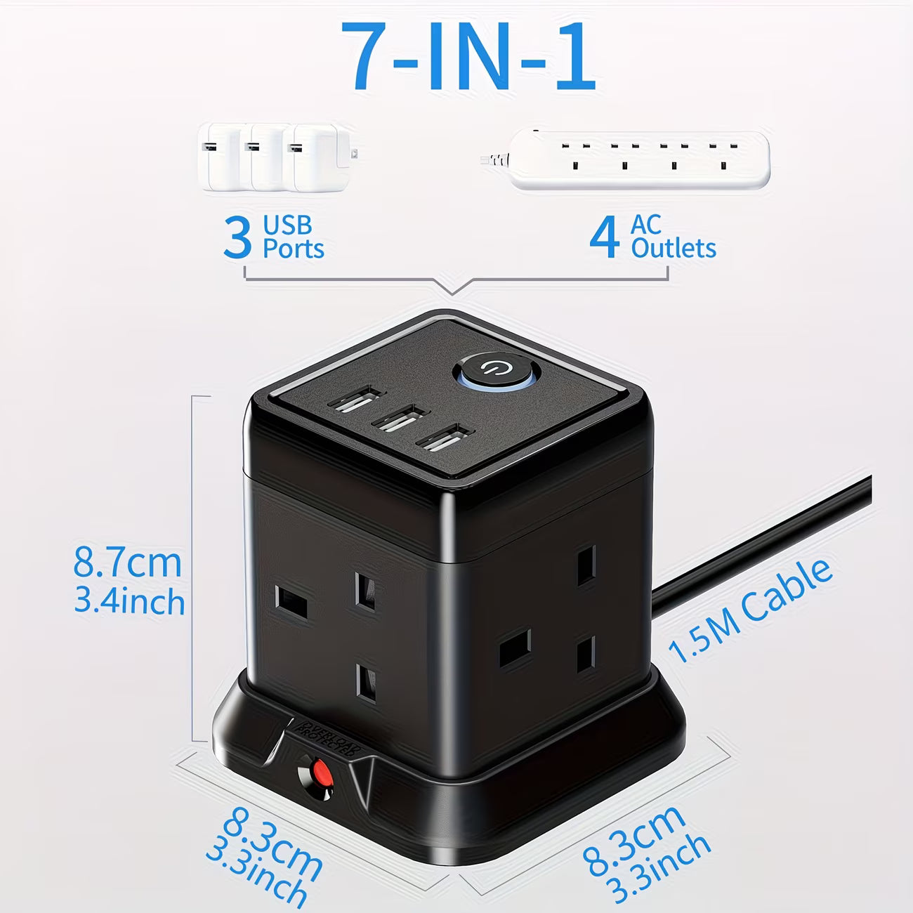 Cube Extension Lead 4-Gang with 3 USB Ports – 13A 3250W Power Strip with Switch, 1.5m Cable (Black)-5