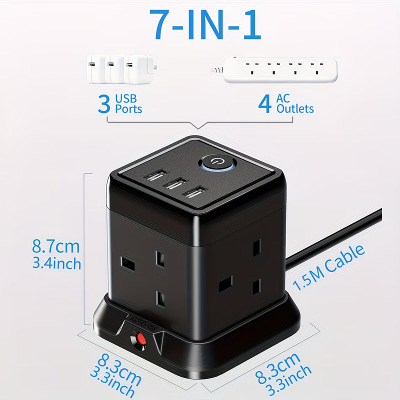 Cube Extension Lead 4-Gang with 3 USB Ports – 13A 3250W Power Strip with Switch, 1.5m Cable (Black)-5