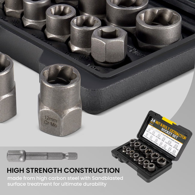 14 Piece Bolt Extractor Socket Set Heavy Duty Cr-Mo Steel Stripped Nut & Screw Remover Kit-5