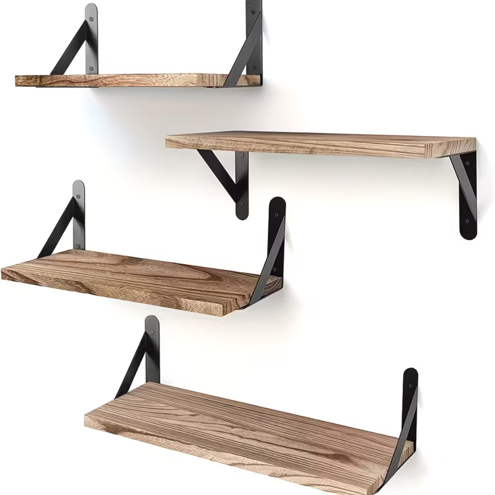 Set of 4 Rustic Floating Wall Shelves 17in – Wooden Storage Shelves with Metal Brackets