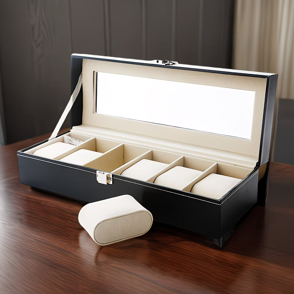 6 Slot Watch Storage Box with Glass Lid – PU Leather Watch & Jewellery Display Case for Men & Women