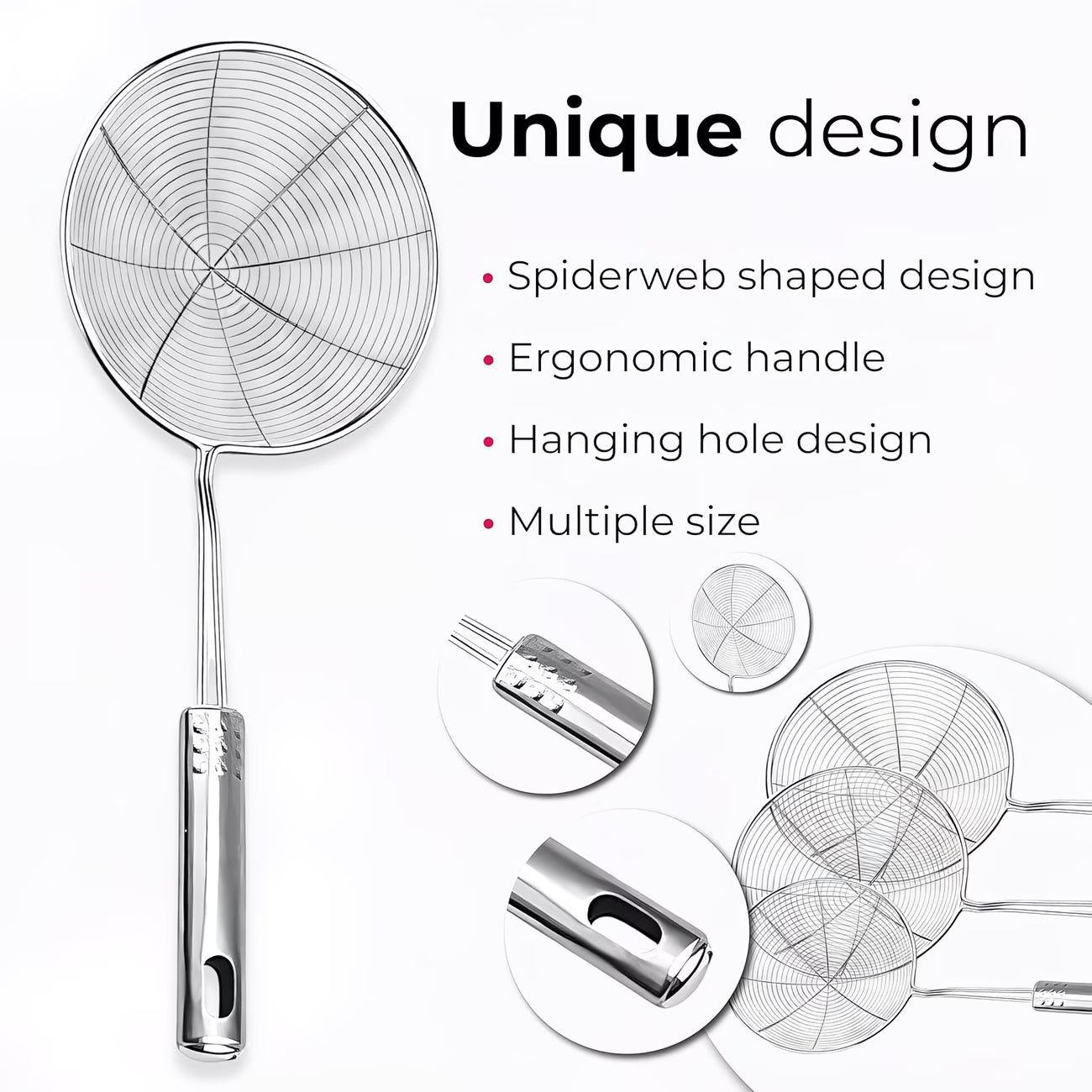 3pcs Stainless Steel Spider Strainer Set (15cm/17cm/19cm) Long Handle Skimmers for Frying & Pasta-3