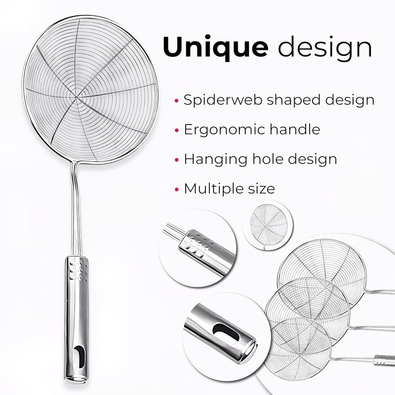 3pcs Stainless Steel Spider Strainer Set (15cm/17cm/19cm) Long Handle Skimmers for Frying & Pasta-3