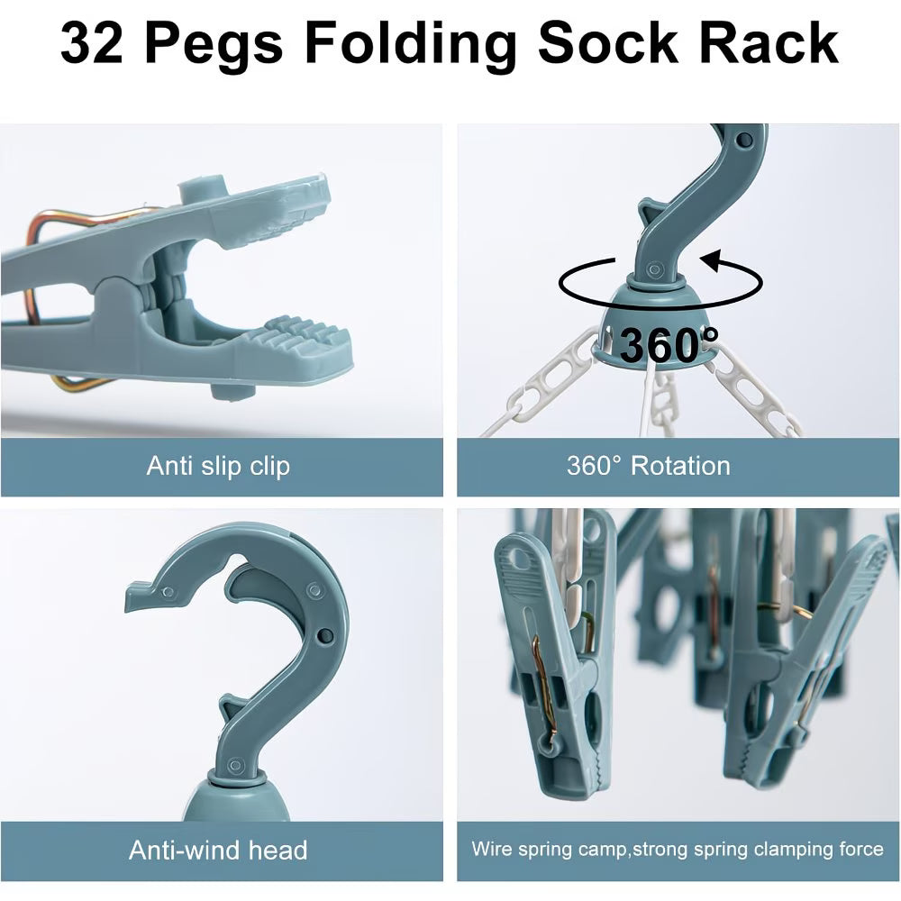 Foldable Sock Dryer Hanger with 32 Clips – 360° Rotating Laundry Drying Rack, Space-Saving Clothes Airer (Blue)-4