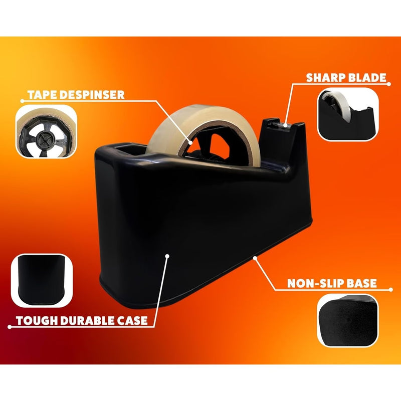Heavy Duty Tape Dispenser with Weighted Non-Skid Base – One-Handed Desktop Tape Holder with Sharp Cutting Blade for Office, Packing & Gift Wrapping (Black)-5