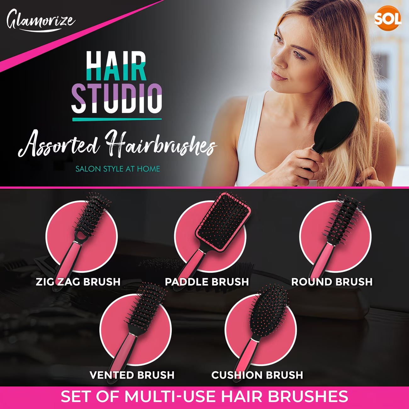 5 Pack Professional Hair Brush Set for Women – Paddle, Round, Vented & Styling Brushes Kit (Pink)-6