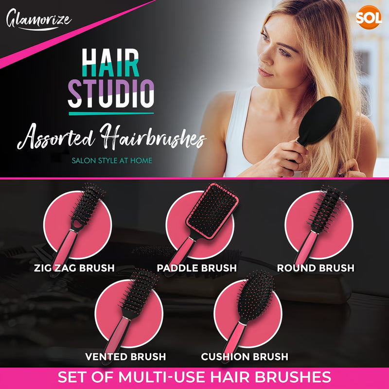 5 Pack Professional Hair Brush Set for Women – Paddle, Round, Vented & Styling Brushes Kit (Pink)-6