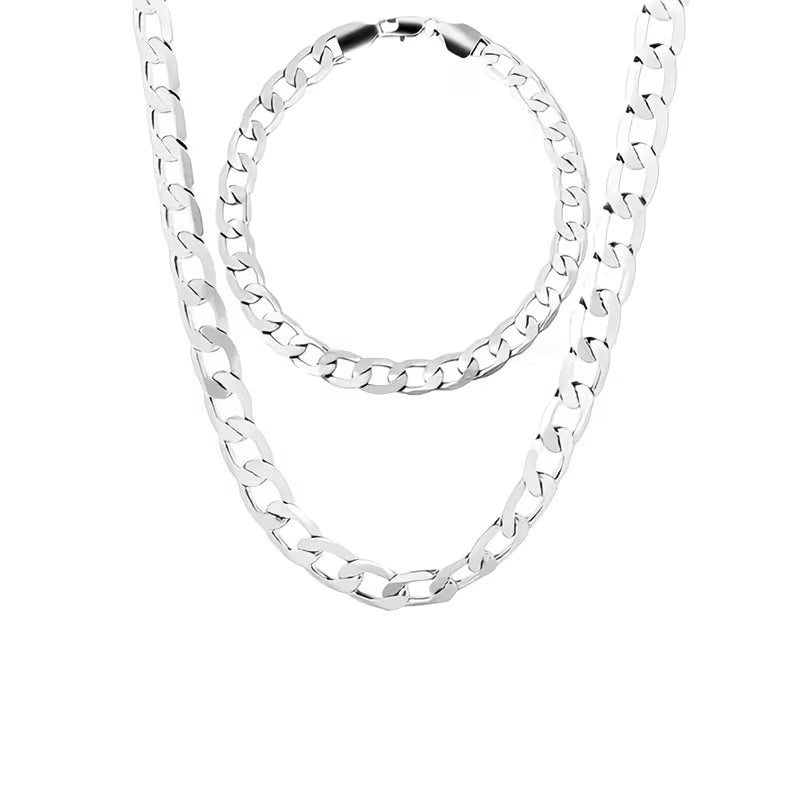 925 Sterling Silver Cuban Chain Necklace & Bracelet Set – 9mm Polished Flat Link Unisex Streetwear Jewelry with Gift Box-7