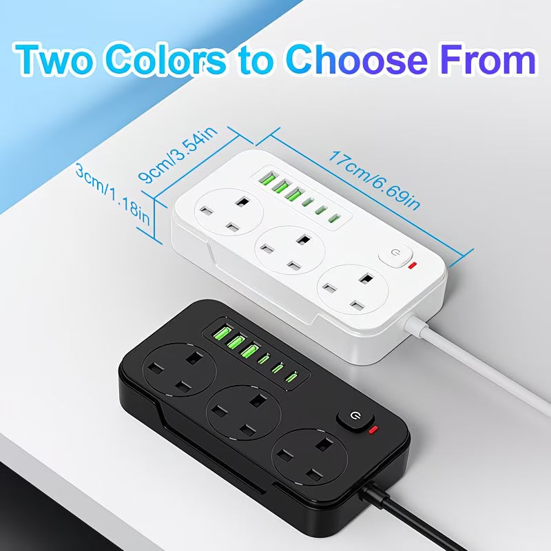 3 Way Power Strip with 3 USB-A & 3 USB-C Ports – 1.8m Extension Lead UK Plug 220–240V-3