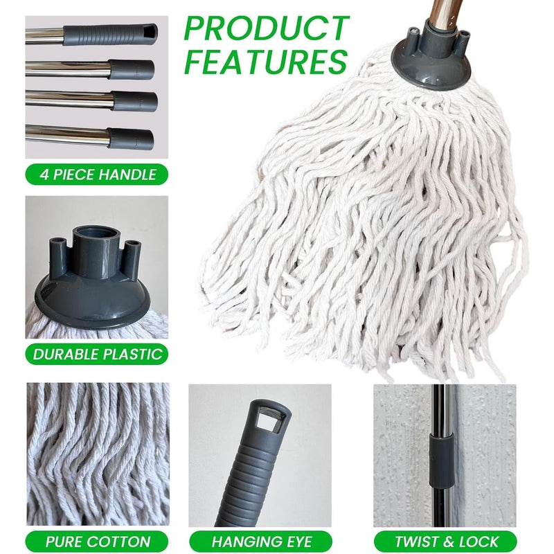 Cotton String Floor Mop with 120cm Stainless Steel Handle – Absorbent Non-Scratch Mop with 2 Replaceable Heads for Tile, Wood & Kitchen Floors-4