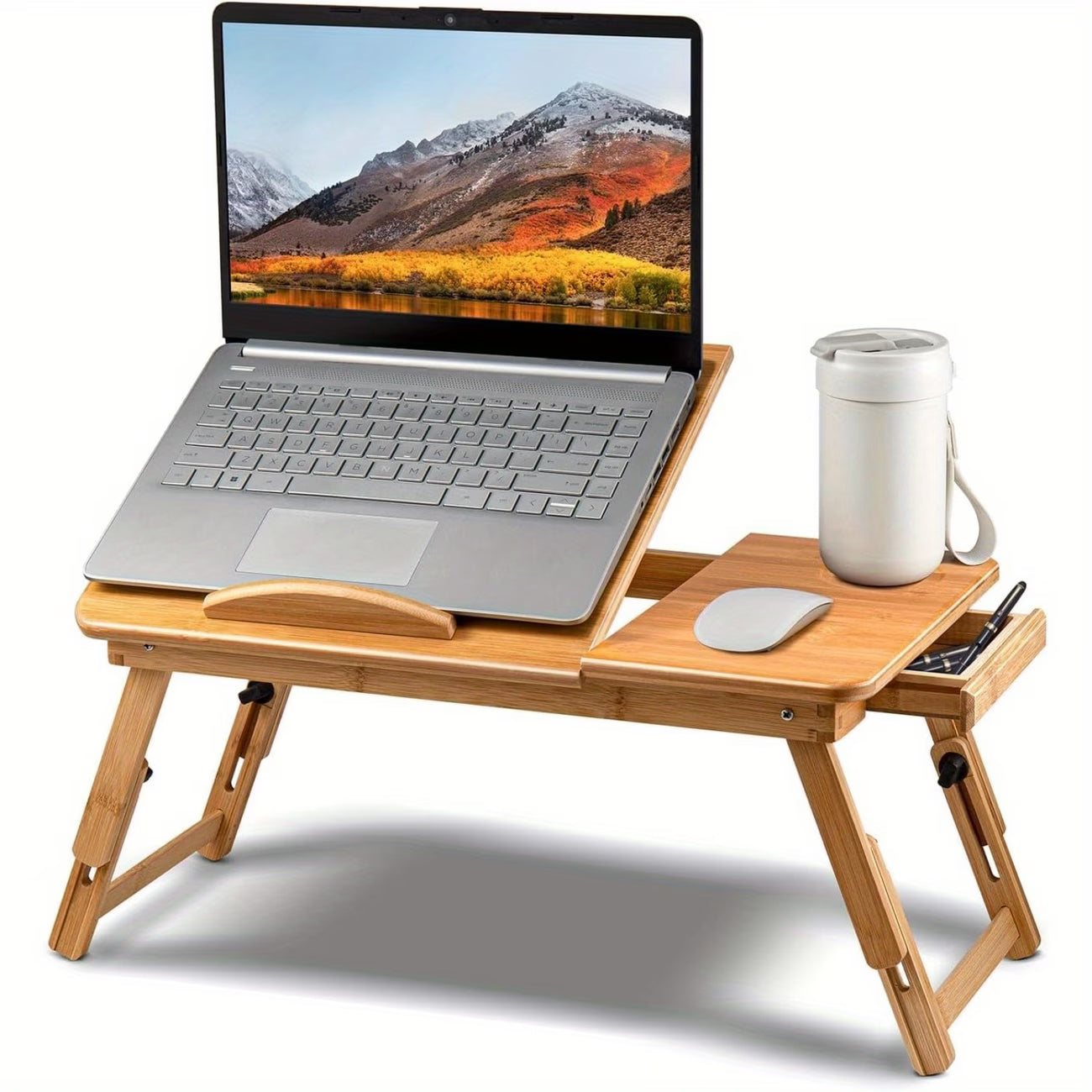 Foldable Bamboo Laptop Bed Table with Drawer – Adjustable Portable Laptop Tray for Bed, Sofa & Breakfast Use (50x30cm)