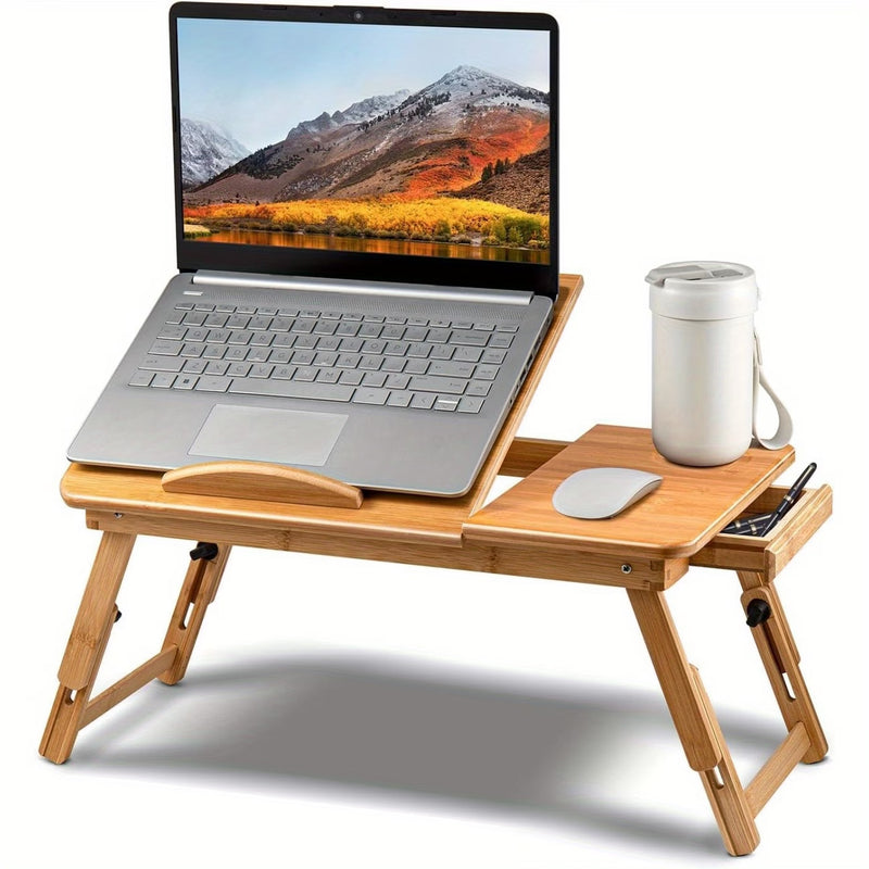 Foldable Bamboo Laptop Bed Table with Drawer – Adjustable Portable Laptop Tray for Bed, Sofa & Breakfast Use (50x30cm)-1