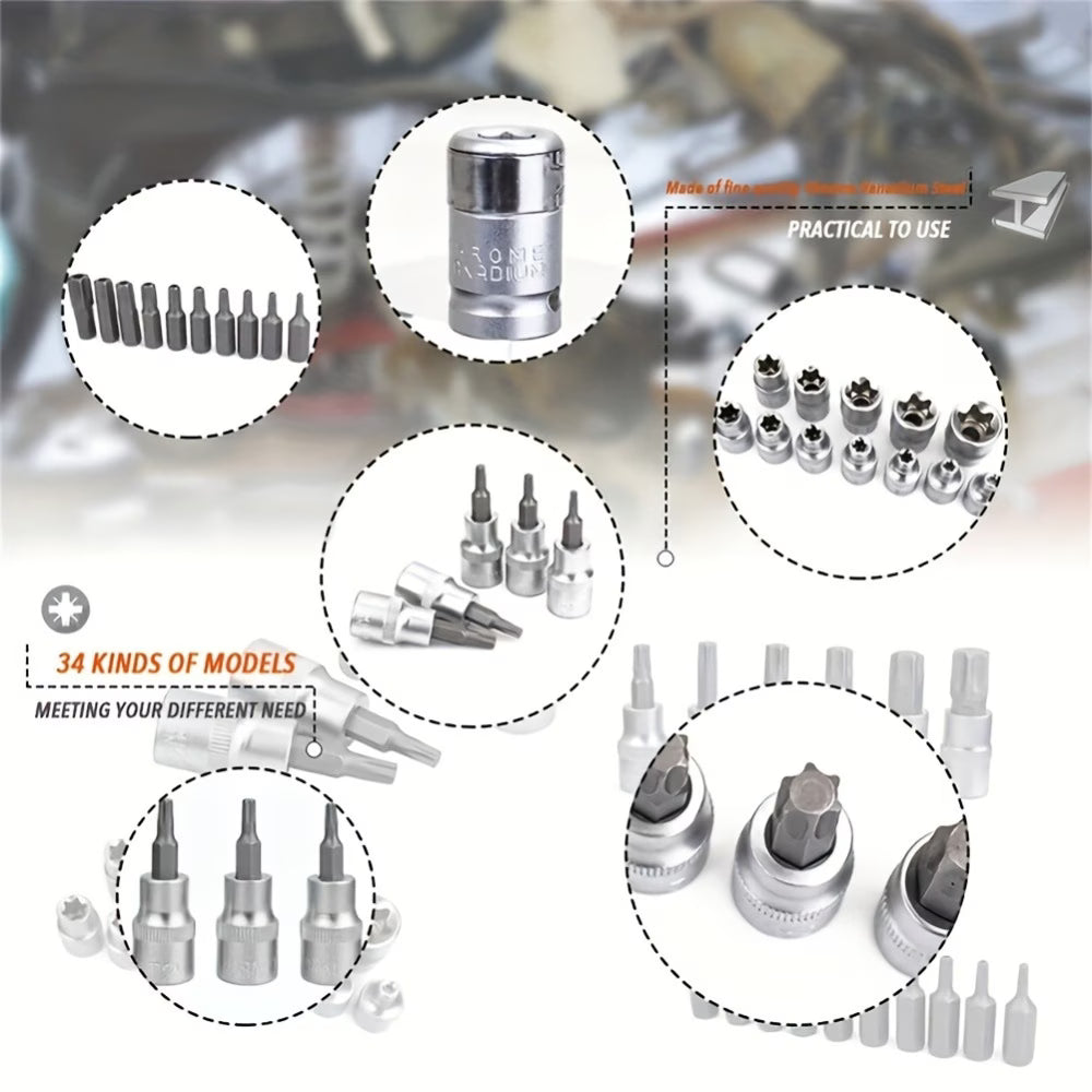 34 Piece E Torx Socket Set Chrome Vanadium Star Bit Tool Kit with Case for Auto Repair-7