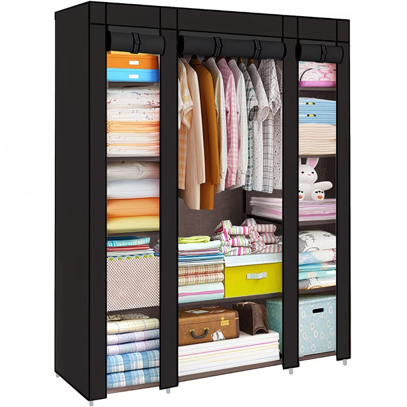 Fabric Canvas Wardrobe with Hanging Rail – Foldable Clothes Storage Cupboard for Bedroom-1