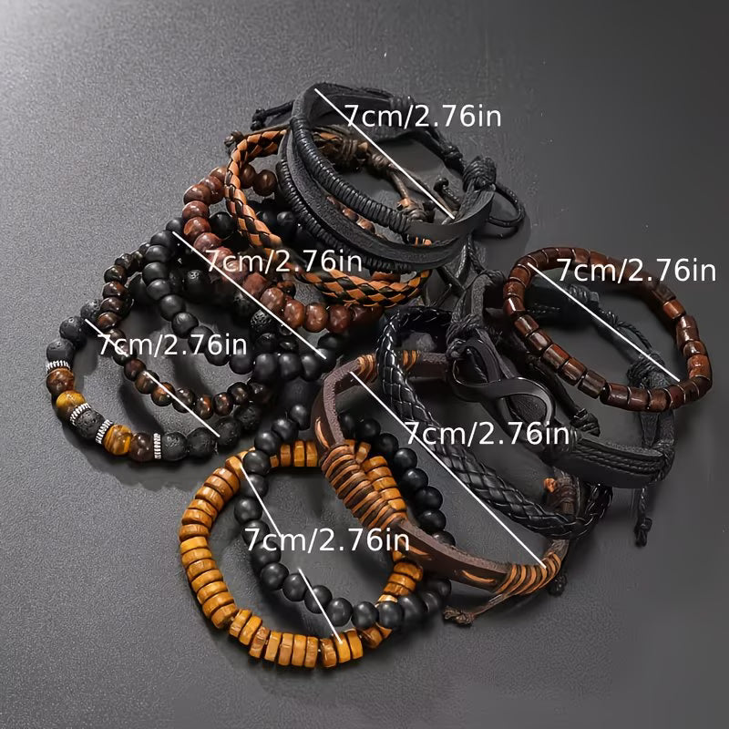 12PCS Men’s Bohemian Bracelet Set – Vintage Faux Leather & Tiger Eye Beaded Stackable Bracelets, Trendy Boho Jewelry-5