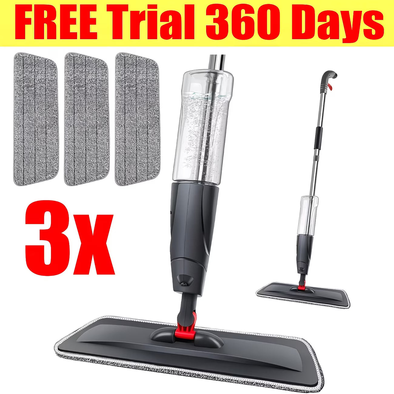 Spray Mop Microfiber Floor Cleaner with 700ml Refillable Bottle, 360° Flat Mop & 3 Reusable Pads