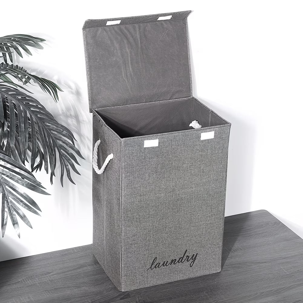 Large Fabric Laundry Basket with Lid – Grey Linen Storage Hamper with Handles-5