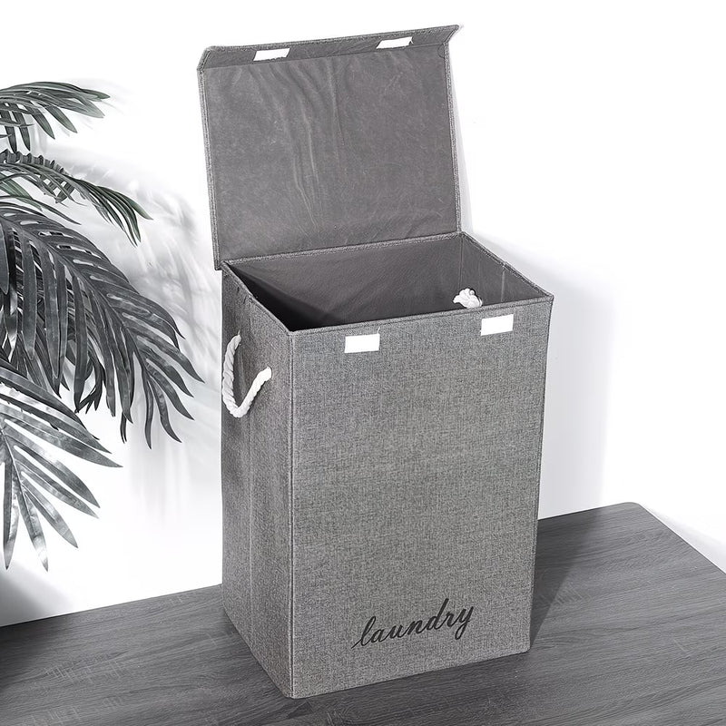 Large Fabric Laundry Basket with Lid – Grey Linen Storage Hamper with Handles-5