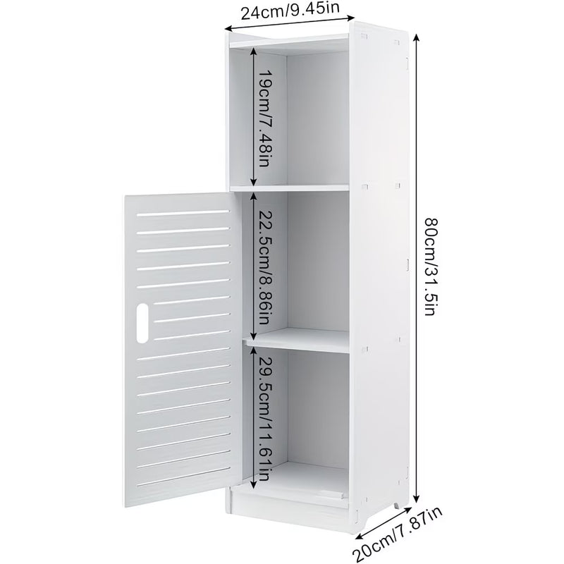 3-Tier Bathroom Storage Cabinet White – Freestanding Wood-Plastic Organizer with Slatted Doors & Open Shelf-4