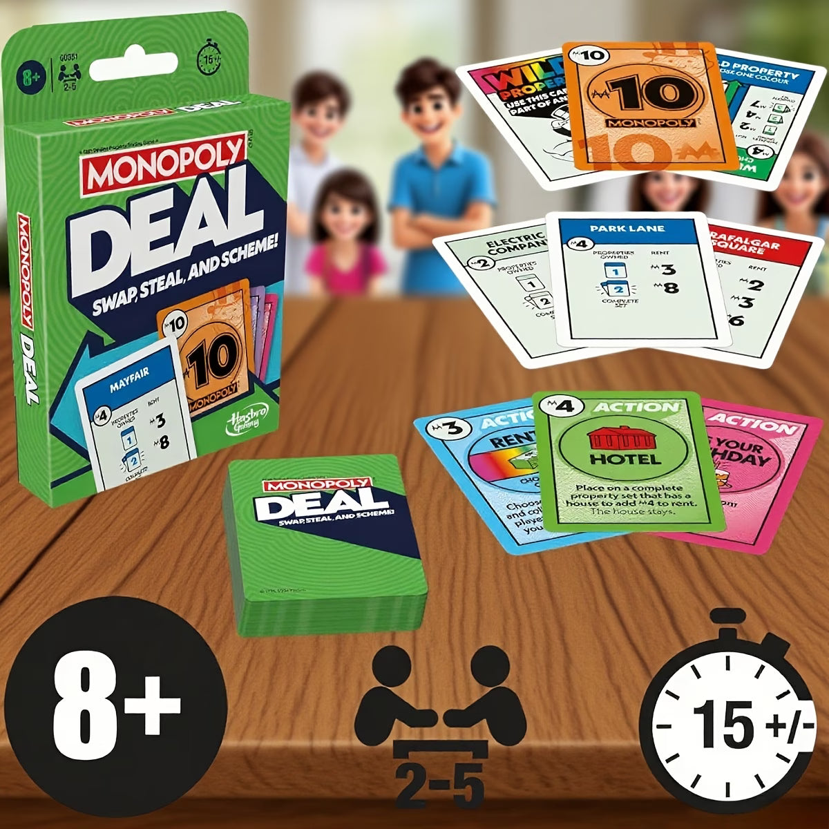 Monopoly Deal Card Game Family Strategy Game Portable Travel Card Game 110 Cards Age 8+-11