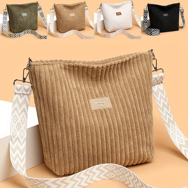 Women’s Corduroy Shoulder Bag – Boho Wide Strap Crossbody Tote for Travel & Daily Use-1
