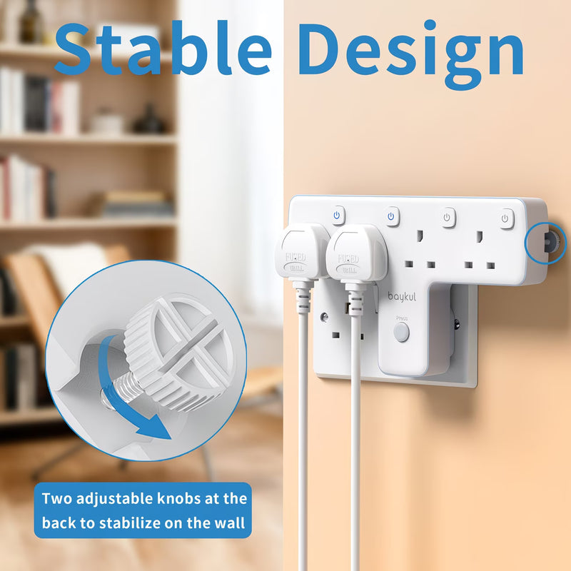 4 Way T-Shape UK Plug Adapter – 3250W Power Extension with 4 AC Outlets, LED Switches &amp; 180° Rotating Wall Socket-6