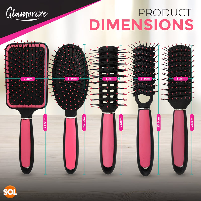 5 Pack Professional Hair Brush Set for Women – Paddle, Round, Vented & Styling Brushes Kit (Pink)-3