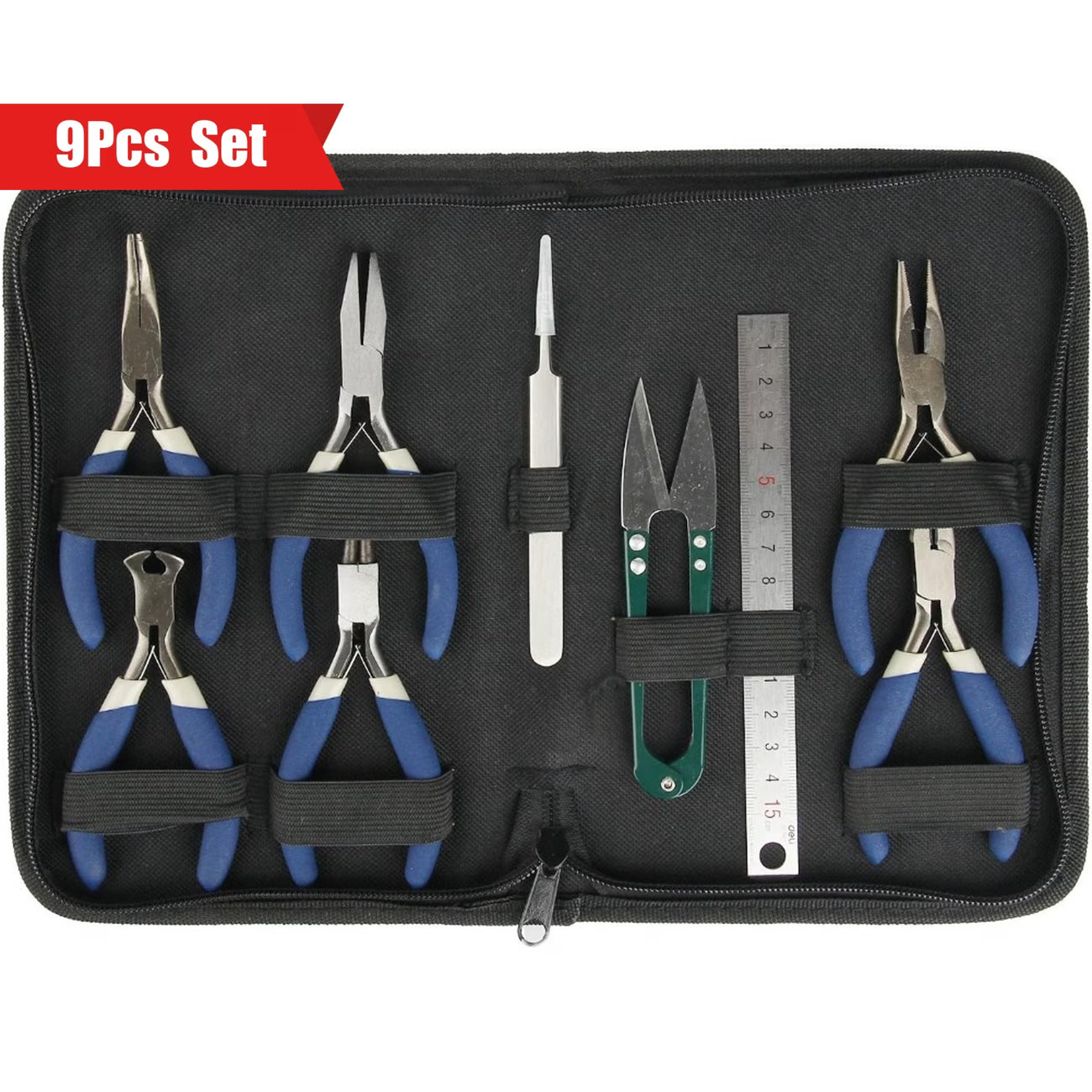 9Pcs Jewellery Making Tools Kit Pliers Set with Scissors Ruler Tweezers Case for DIY Repair Beading Craft-1